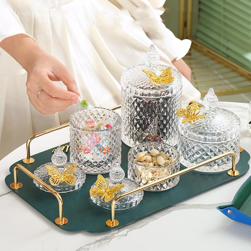 Diamond Glass Candy Jar Household Candle Jar Butterfly Lid Storage Jar Decorative Box Desktop Ornaments Modern Home Decoration