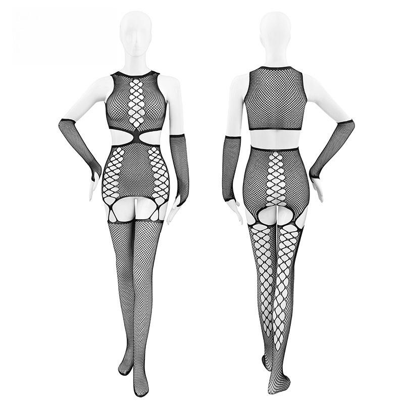 Ensemble deux pièces en résille pour femmes, body ajouré, Lingerie avec manches longues, gants longs, vêtements en filet