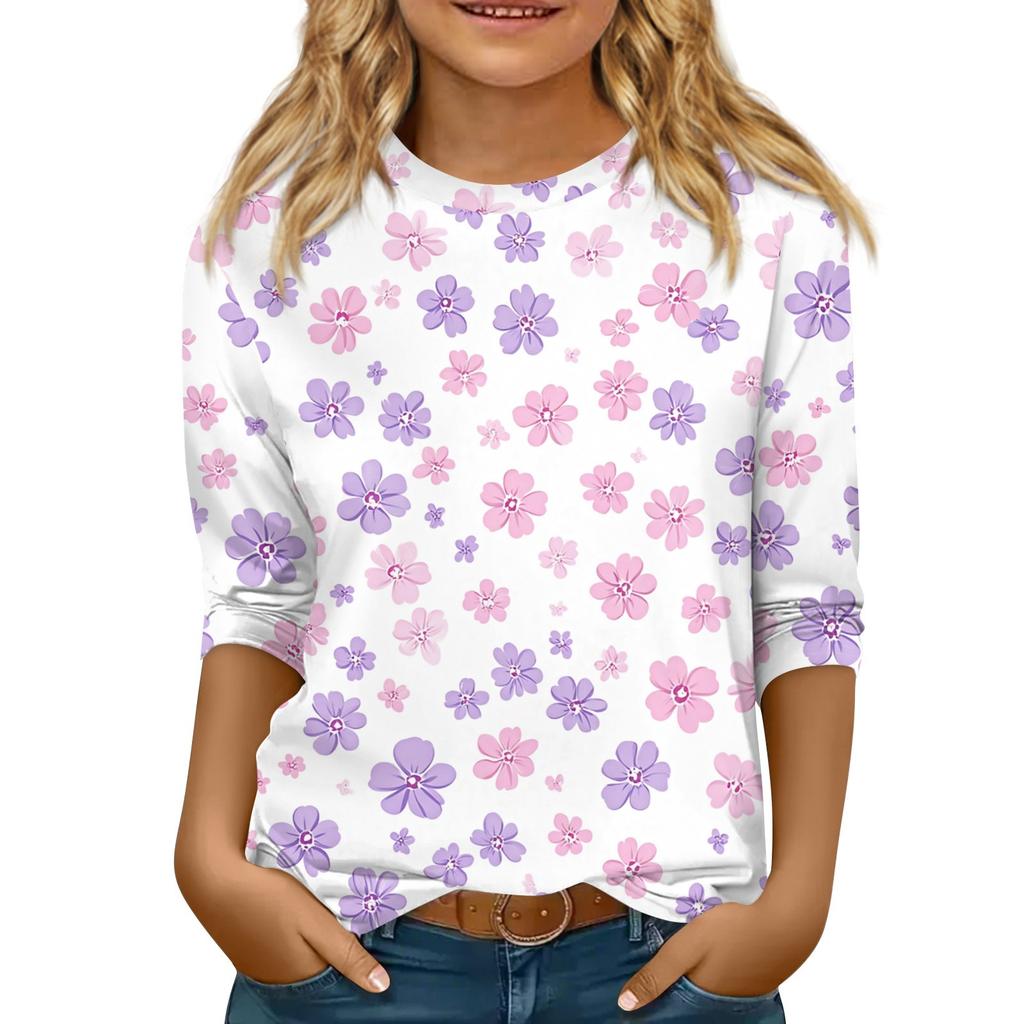Bluzka dziecięca z rękawem 3/4, luźny t-shirt z nadrukiem i okrągłym dekoltem