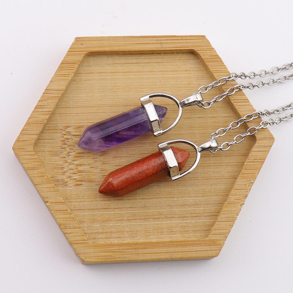 Handmade Amethyst Rose Quartz Hexagonal Pillar Pendant Necklace (N760)