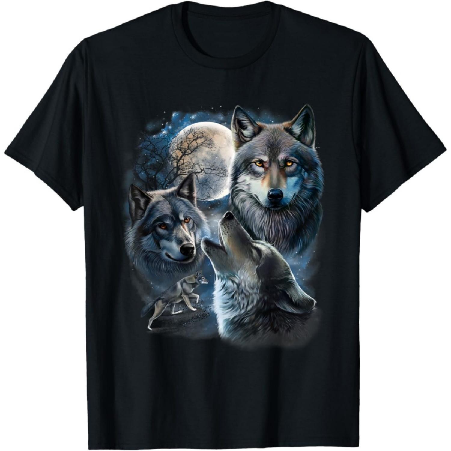 Grey Wolf Under Full Moon, Space, Galaxy, and Stars T-Shirt S