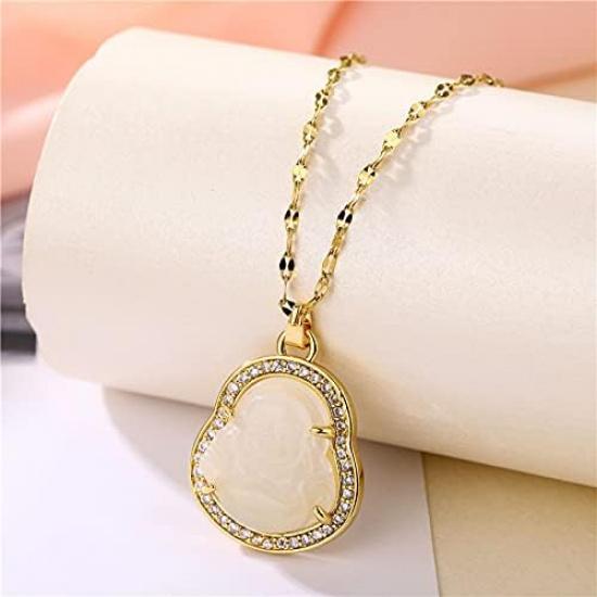 COLORFUL BLING Lucky Laughing Buddha Pendant Necklace Green Jade CZ Gemstone Amulet Jewelry for Women Men