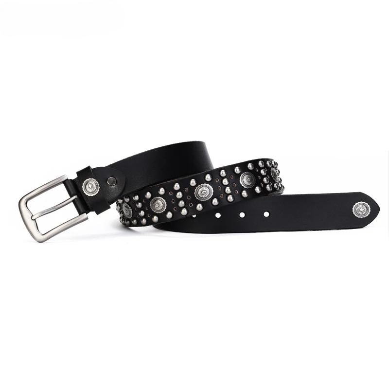 Hochwertiger Cowboygürtel mit Metallnieten, Top-Grain-echtes Leder, Rindsleder, Herrengürtel, Punk-Nieten, Jeansgürtel für Männer