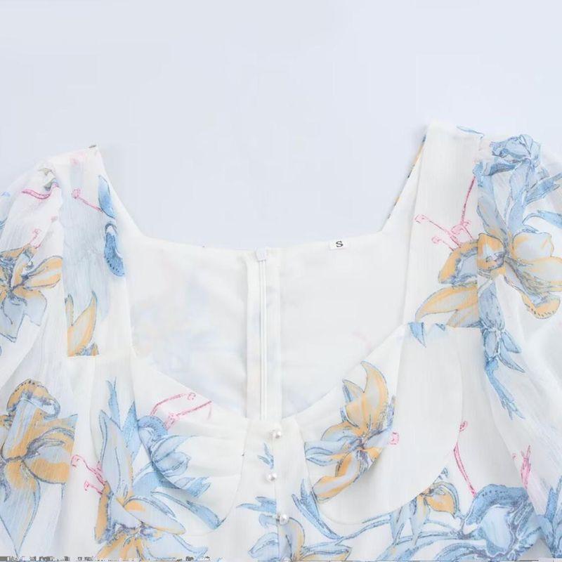 Kaslead New Arrival Women's Fashion Style Casual Simple Chiffon Retro Square Collar Print Long Dress