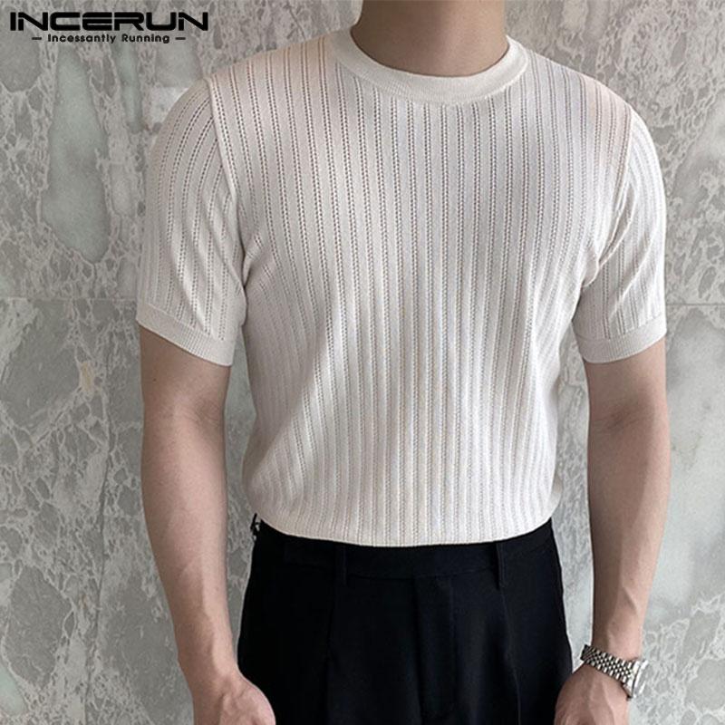 

INCERUN Летние мужские однотонные топы в полоску с короткими рукавами