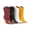 Black Yellow White Knee High Boots Western Cowboy Boots for Women Long Winter Boots Pointed Toe Cowgirl Wedges Motorcycle Boots
