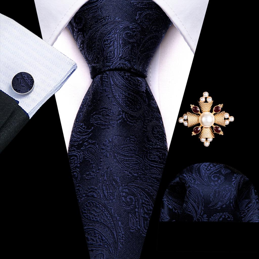 Barry.Wang Pearl sagė su kaklaraiščiu vyrams Paisley gėlių šilko kaklaraištis Hanky rankogalių sąsagų rinkinys
