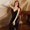French-Style Backless Nightgown with Built-In Bra, Deep V-Neck, Spaghetti Straps, High Slit, and Mesh - Pure, Alluring, Sexy.