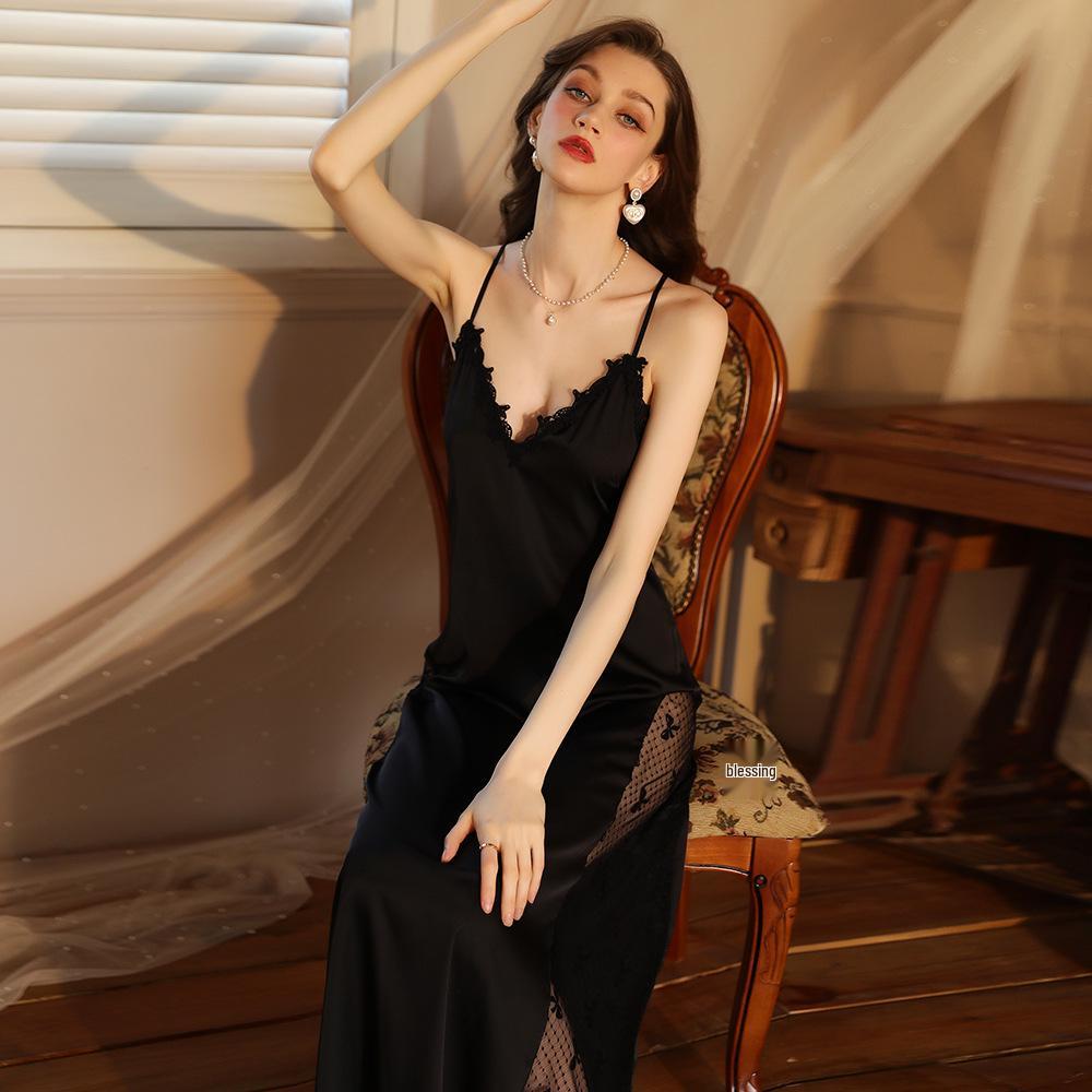 French-Style Backless Nightgown with Built-In Bra, Deep V-Neck, Spaghetti Straps, High Slit, and Mesh - Pure, Alluring, Sexy.