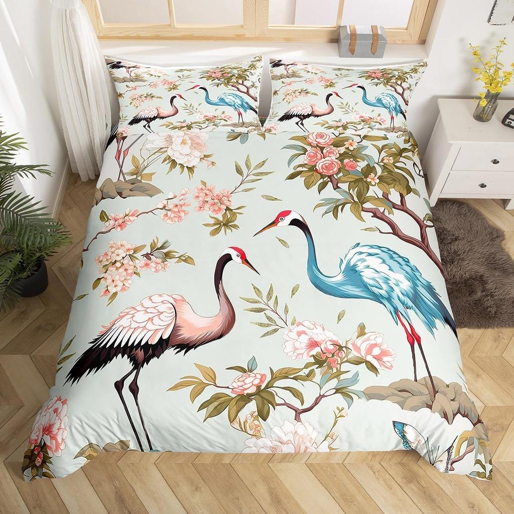 Crane Duvet Cover Twin King Traditional Chinese Style Painting Quilt Cover Chrysanthemum Flower Floral Bedding Set For Dorm Room