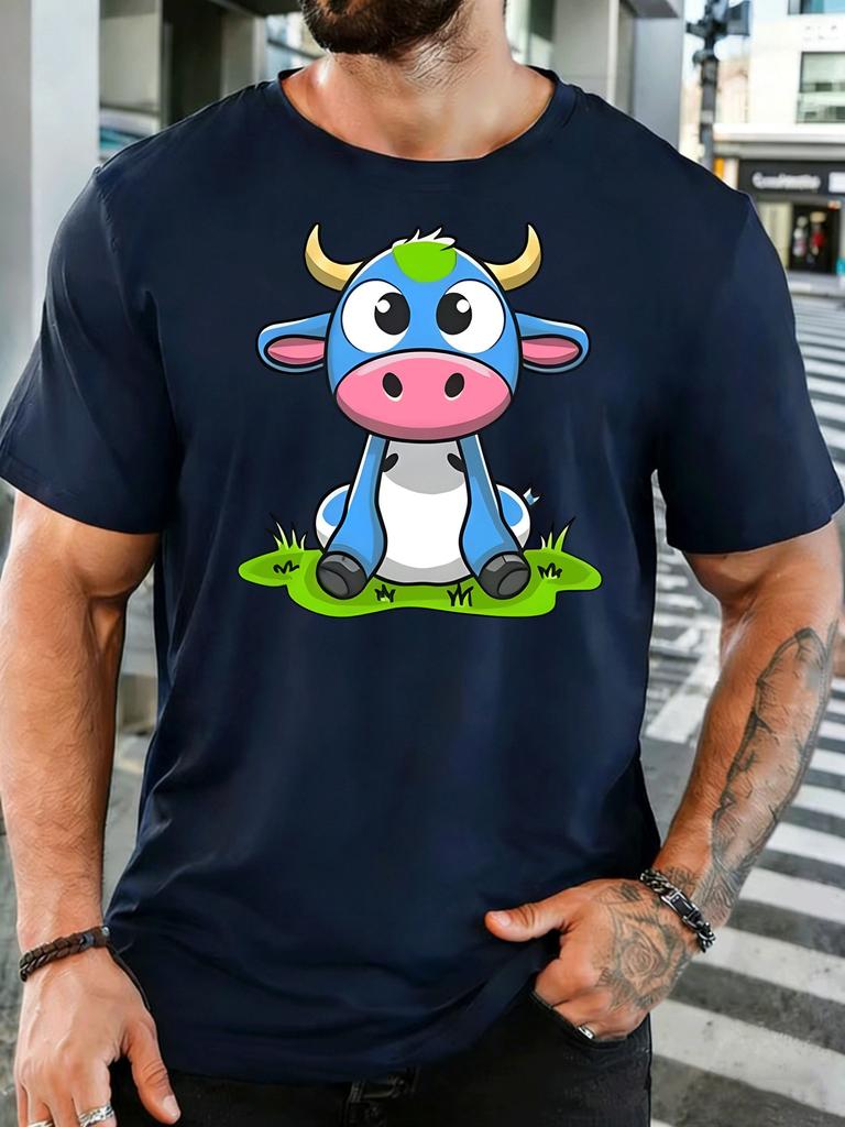 Unisex Short Sleeve T Shirt Cute Blue Cow Graphic Tee Grass Print Tops Summer Soft Cotton Casual Street Wear For Adult Male
