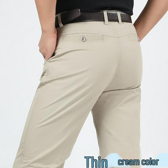 Men's Plus Size High Waist Cotton Work Pants - Summer Lightweight Casual & Formal Straight Leg Trousers for Middle-Aged & Elderly.