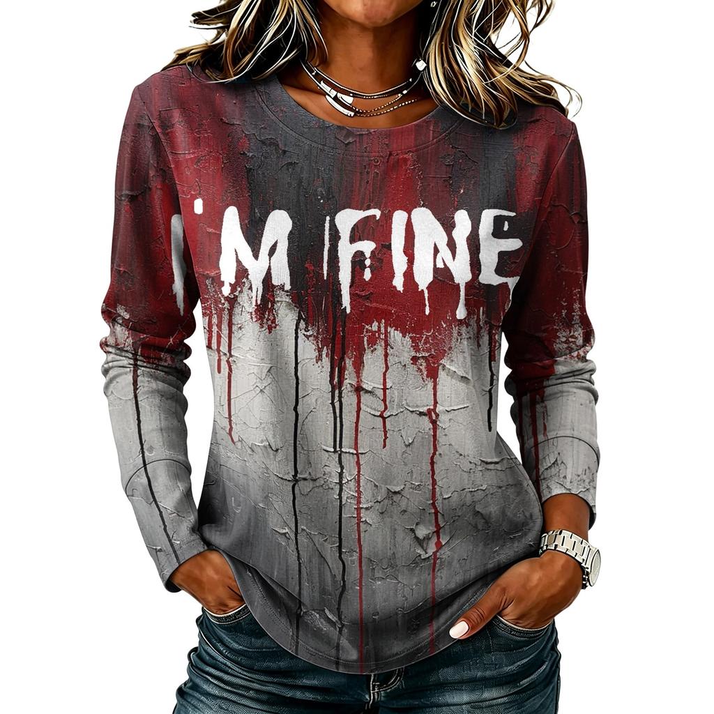 Women's Halloween Print Long Sleeve Top Casual Round Neck T-Shirt for Fall Party Wear