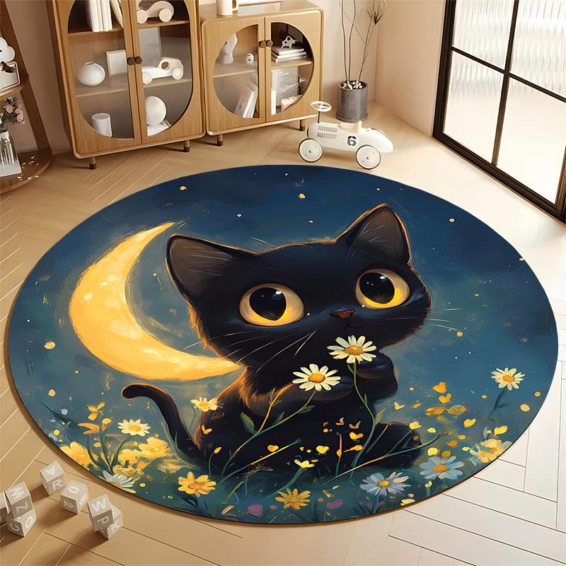 

Charming Night Cat Rug for Cozy Living Spaces round carpet for home sofa bedroom, gift Diameter 60cm