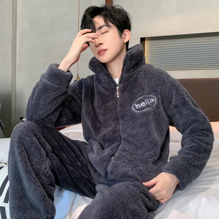 Pyjama en molleton de corail pour homme, ensemble de vêtements de nuit chauds en flanelle épaisse, surdimensionné, fermeture éclair, doux, mode, solide, pour la maison, automne et hiver