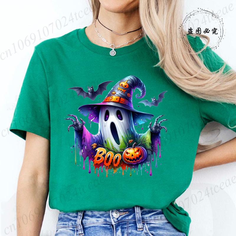 Women Cute Spooky Witch Print T Shirt Graphic Harajuku Streewear Halloween Horror Graphic Tee Clothes Causal Female Y2K Tops Tee