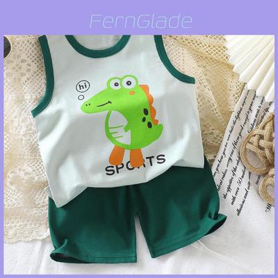 Baby Summer Cotton Sleeveless Shorts Set With Cartoon Prints For Toddler Boys And Girls