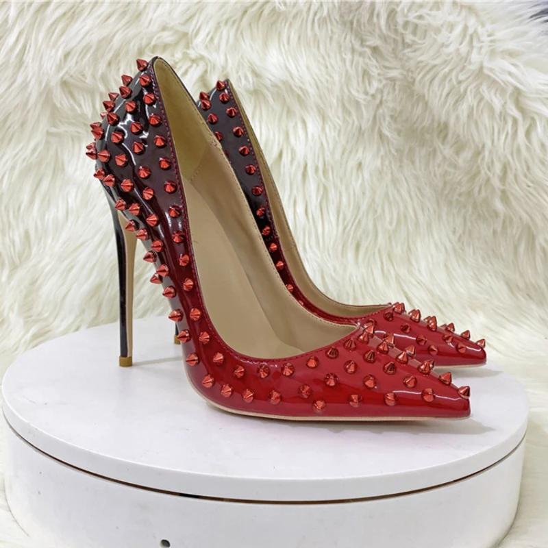 

12 см модные сексуальные женские туфли на высоком каблуке с заклепками и острым носком, итальянские туфли с градиентом на высоком каблуке, подходящие для вечеринок и вечеринок, женские размеры 33-45 36