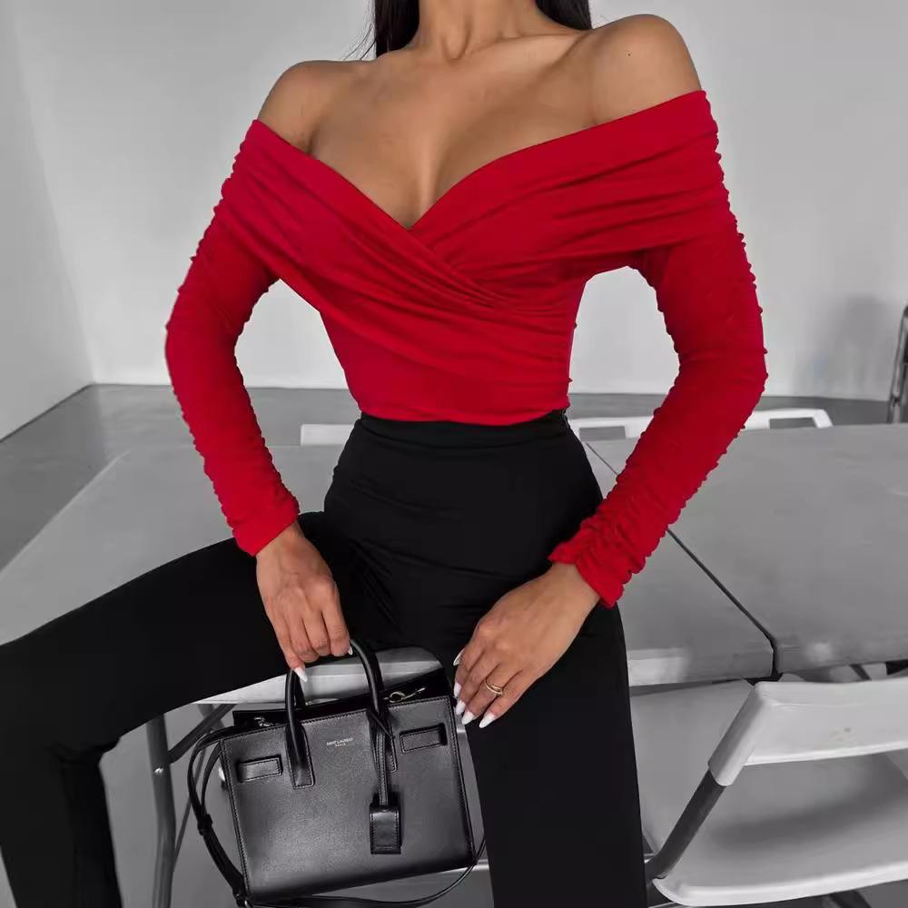 Women's Clothing Sexy Hot Girl Slim Bodysuit Solid Color Fashionable V-neck Off-shoulder Long-sleeved Jumpsuit