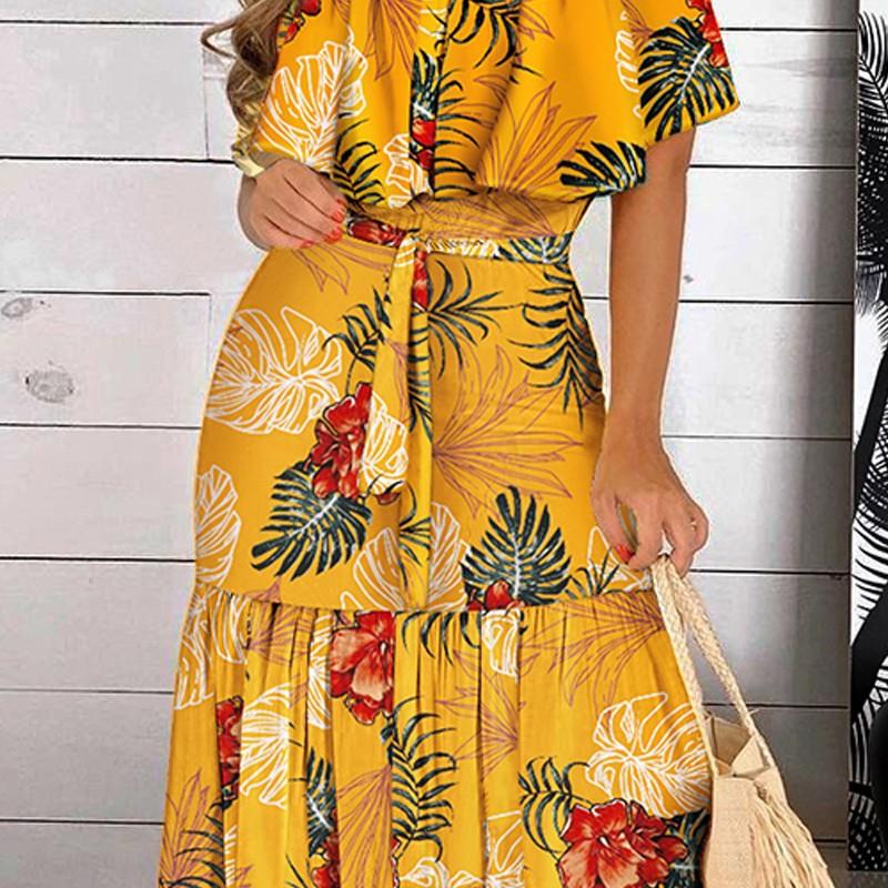 BITCED Damskie Letnie Sukienki Bez Ramiączek z Falbankami, Wiązane, Drukowane, z Krótkim Rękawem, Długie