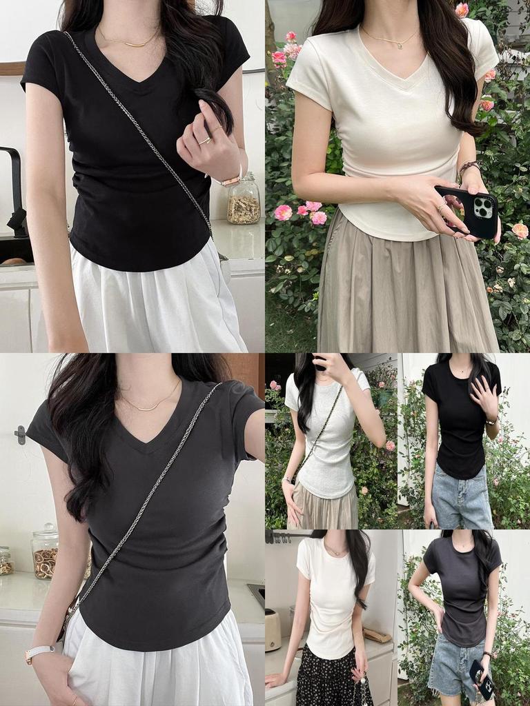 Cotton Short Sleeve T Shirt For Women With Pleated Design And Slim Fit For Casual Wear