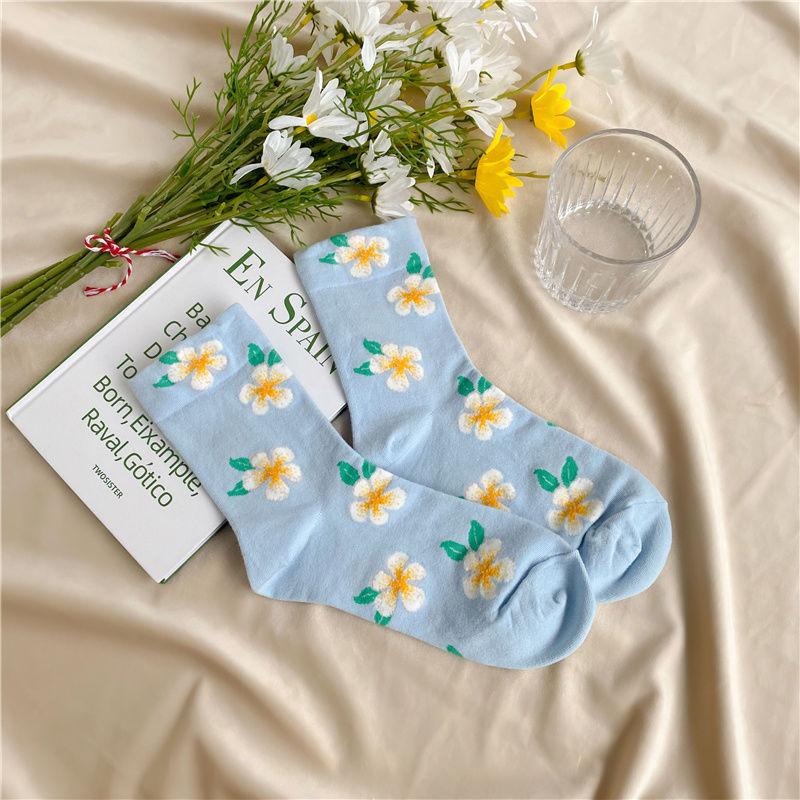 Sock Children's Mid-length Spring-autumn Cotton Socks, Cute and Sweet Flowered Socks, Versatile for An Academic Style.
