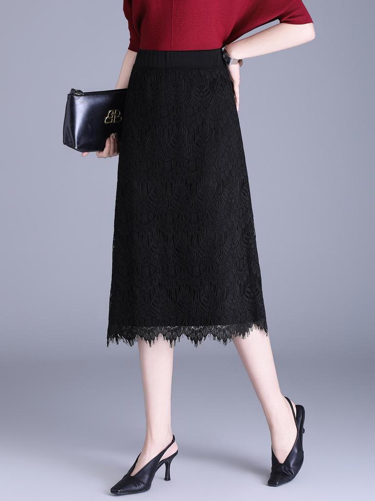 2026 Spring/Summer Black Lace Korean Style Slim Midi A-line Skirt
