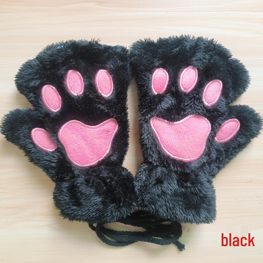 Women's Cute Cartoon Bear Paw Fingerless Plush Gloves with Hanging Neck