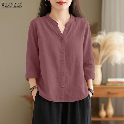 Women Casual V-Neck Solid Color Long Sleeve Blouse