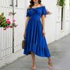 Women's Off Shoulder Short Sleeve Color Ruched Tie Waist Maxi Dress Casual Summer