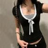 American College Style Color-Blocked Striped Bow Tie Patchwork Short-Sleeve T-Shirt, Sweet and Youthful Waist-Cinching Elegant Top