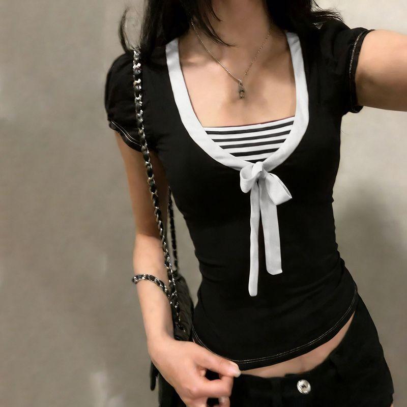 American College Style Color-Blocked Striped Bow Tie Patchwork Short-Sleeve T-Shirt, Sweet and Youthful Waist-Cinching Elegant Top