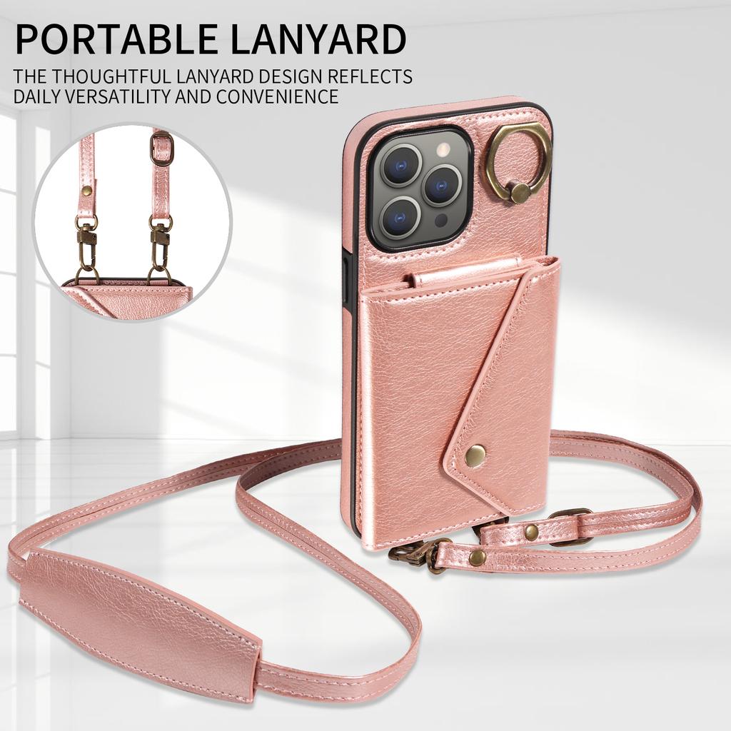 For iPhone 15 Series.for iPhone 15,15 Plus,15 Pro,15 Pro Max Shoulder Strap Rope Ring Bracket Design Card Holder Slots Lichee Pattern Cover Phone Case