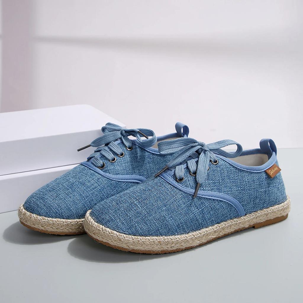 Breathable Linen Casual Flat Shoes Woman Espadrilles Loafers Ladies Comfy Houndstooth Print Canvas Zapatos Soft Driving Footwear