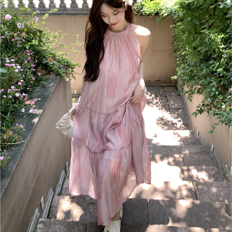 Coffee break French neck dress fairy summer temperament high sense seaside vacation beach dress