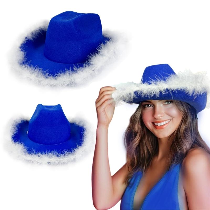 Stylish Cowgirls Hat Ocean Blue Sun Hat With Feathered Trim For Music Festival Beach Parties And Everyday Casual Wear