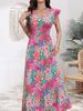 Women Sweet Floral Print Flutter Short Sleeve V Neck A Line Long Vacation Dress