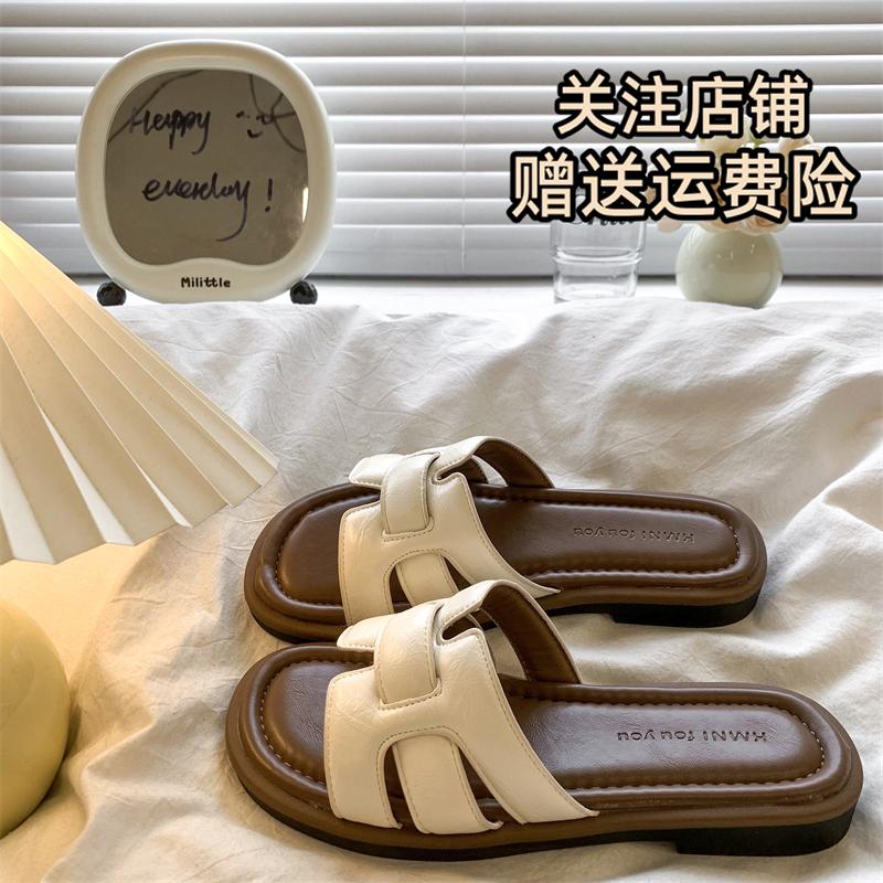 

Retro French one-word slippers women s summer wear 2025 new Internet celebrity flat-bottomed seaside vacation sandals casual sandals 40 бежевый