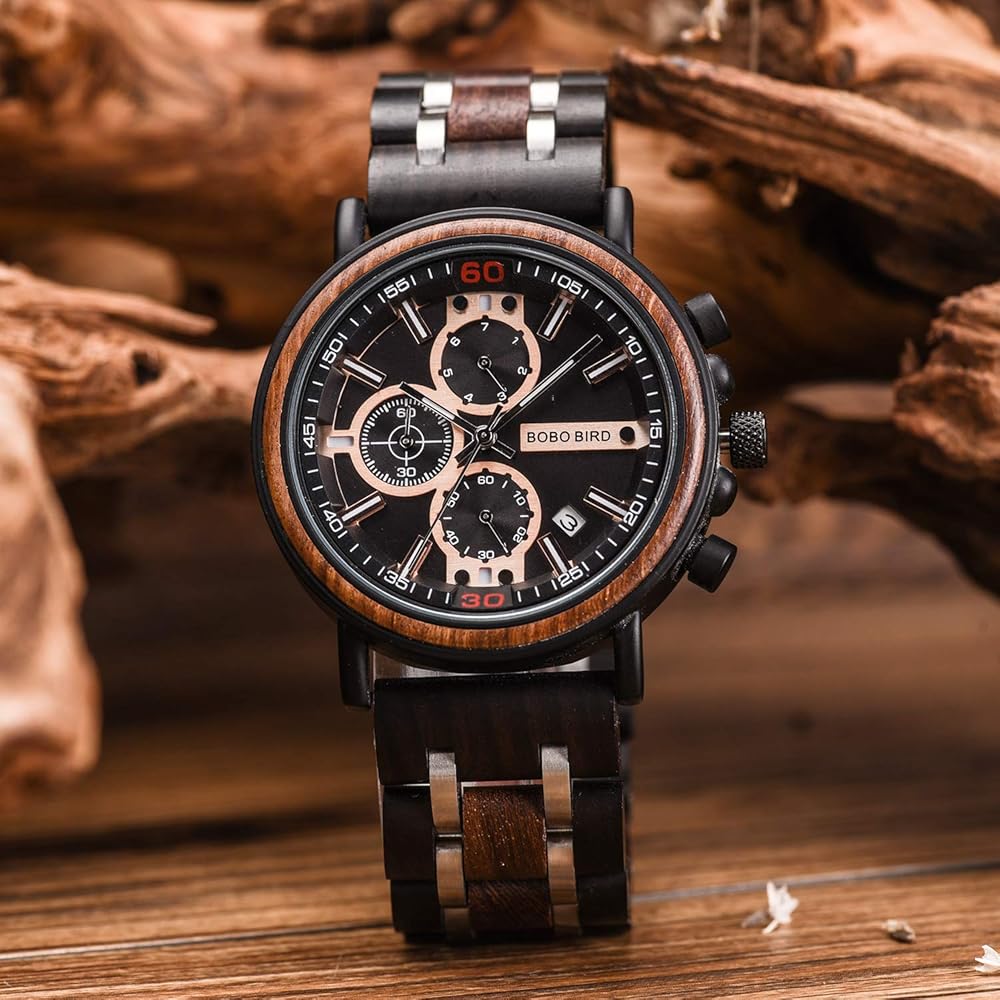 Bobo Bird S18-1 Men's Stylish Wooden Watch Black Stainless Steel Chronograph Luminous Pointer 44mm Fashion Watch
