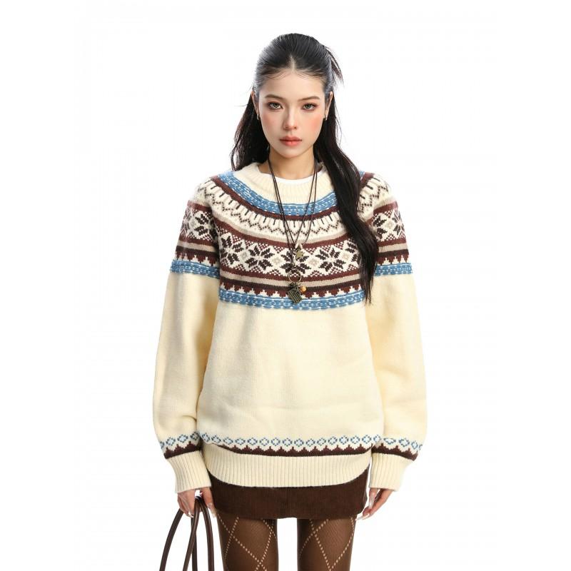 Korean Style Fair Isle Crew Neck Sweater Unisex Thick Warm Loose Knit Pullover Winter Daily Wear