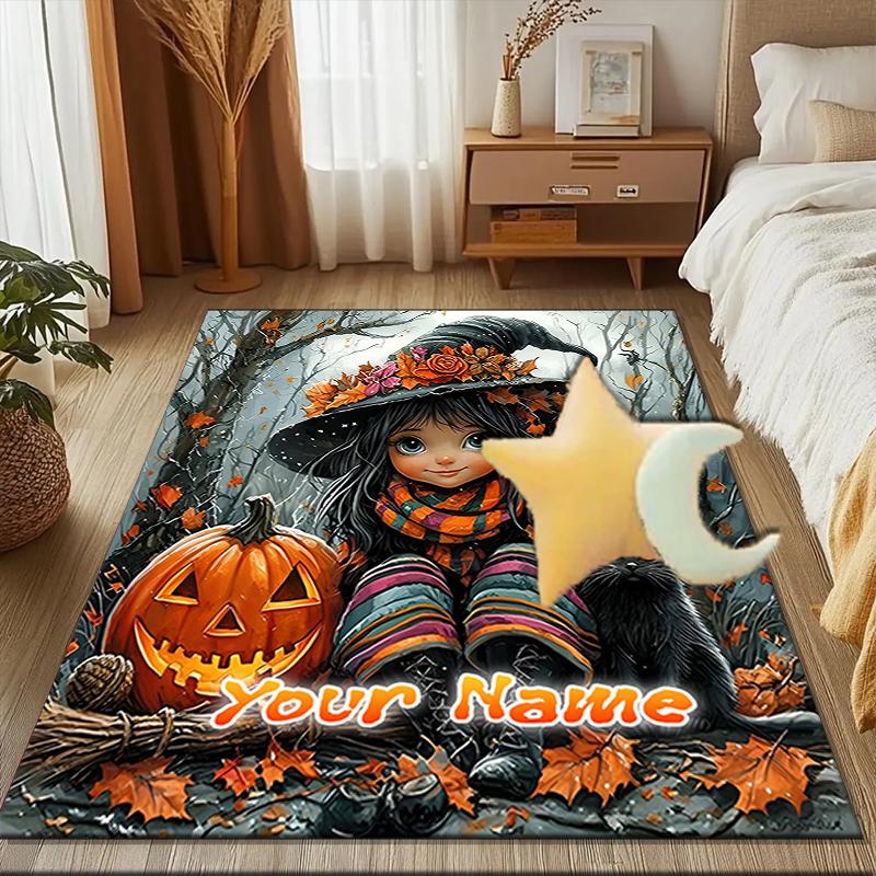 1PC Custom Name Halloween Witch And Cat Theme Floor Mat Ideal for Living Room, Game Rooms, Office, Bedroom,Floor Mat Playful Design