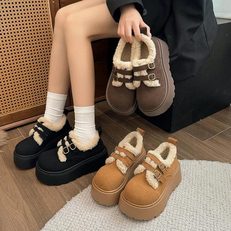 Women's Thick-soled Loafers Fur Round-toe Casual Sneakers Flat Shoes New Dress Winter Solid Color Keep Warm Breathable Versatile