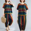 Completo Estivo Donna Moda Lento a Strisce Manica Corta Pantaloni a Nove Quarti Casual Completo Due Pezzi