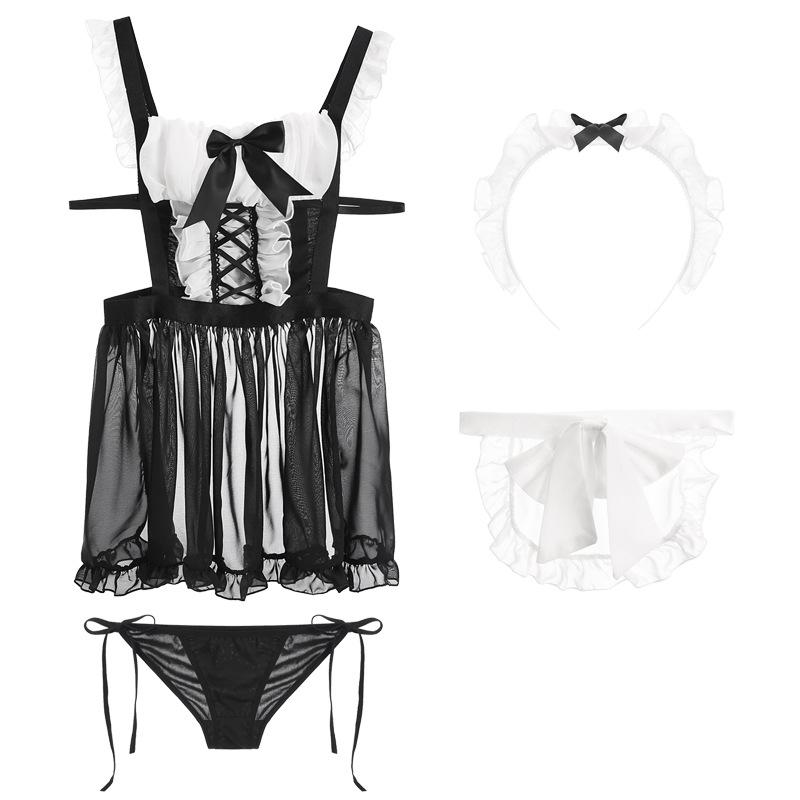 Women's Chiffon Sheer Frilly Backless Maid Costume Lingerie Set