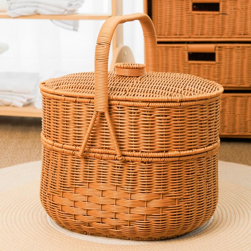 Oval Double-Layer Picnic Basket PP Wicker-Style Storage Tote Fruits Vegetables Outdoor Camping