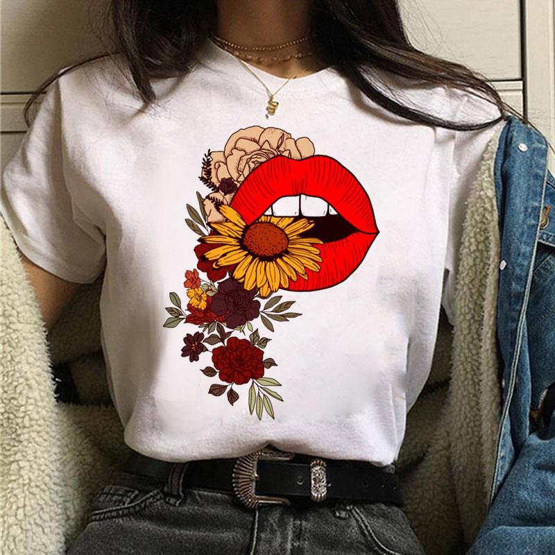Fruit And Lips Print T Shirt New Fashion Women T Shirt Harajuku Tops Female Graphic Tee Ladies Cute Tee Shirt White Woman T-Shi