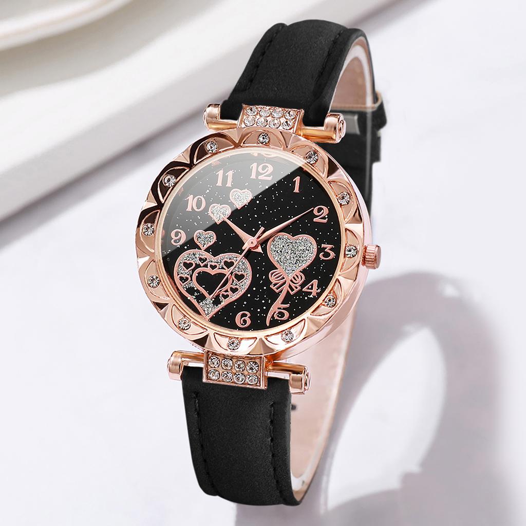 3-teiliges/Set Damenmode Lederarmband Herzförmiges Zifferblatt Quarz Uhr für Damen Schwarz Weiß Rosa Set