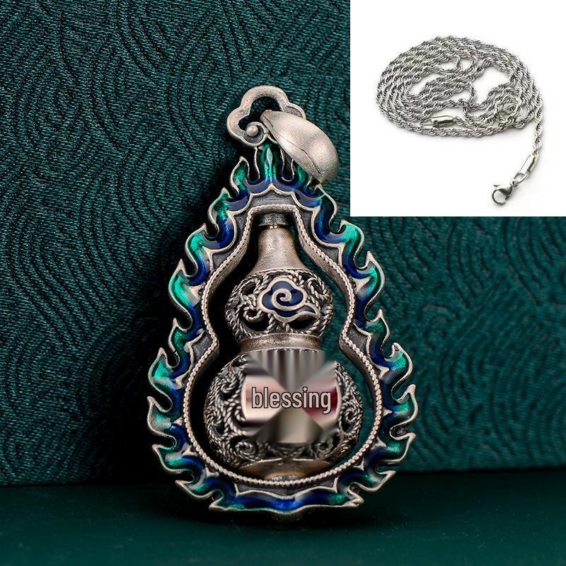 Retro Ethnic Style Women's Sterling Silver 999 Fu Character Enamel Filigree Pendant Necklace