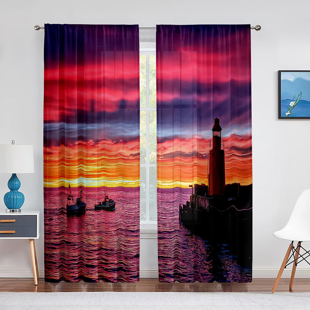Маяк Восход Морского Побережья Пейзаж Прозрачная Вуаль Шторы для Гостиной Спальня Кухня — фото 7