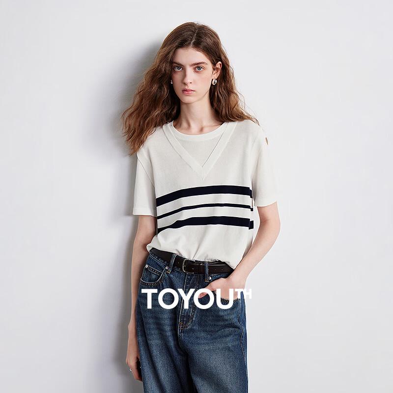 Women s Linen-Feel Knit Striped Short Sleeve Fake Two-Piece Top S